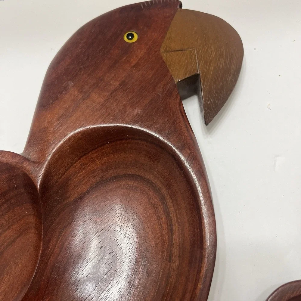 Vintage Parrot Shaped Snack Bowls Brown Wooden Set Of 2 Divided